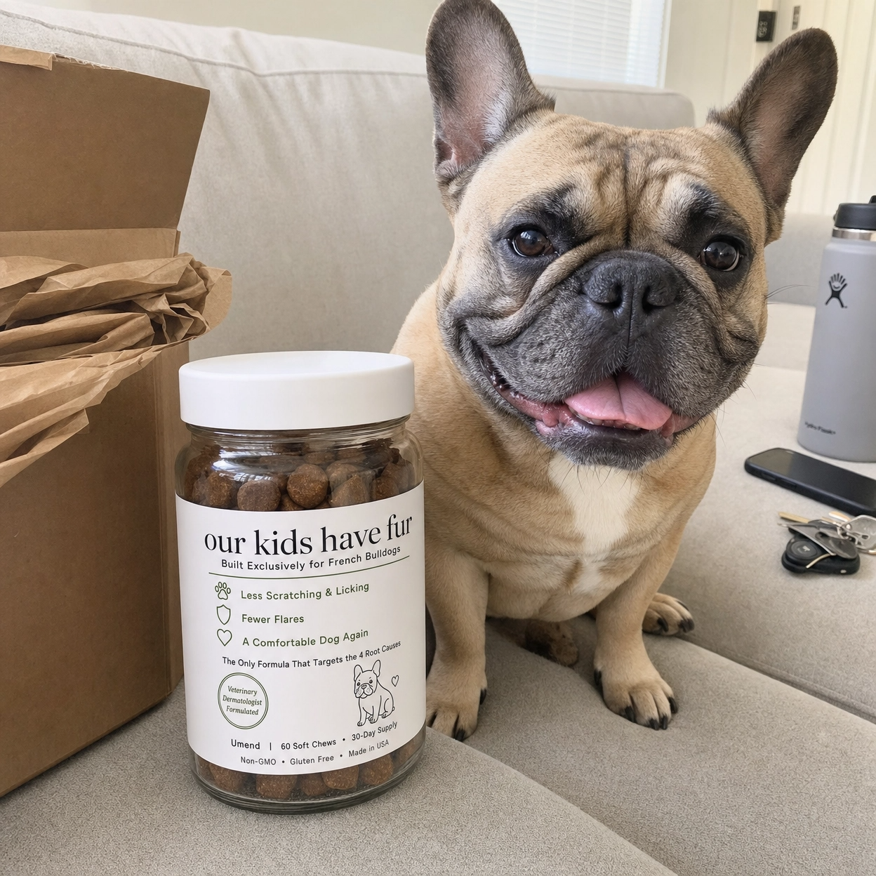 Unboxing, Frenchie on couch with Umend
