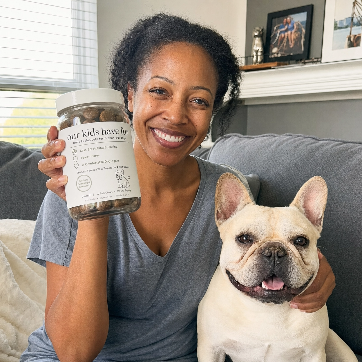 Woman holding Umend jar with Frenchie