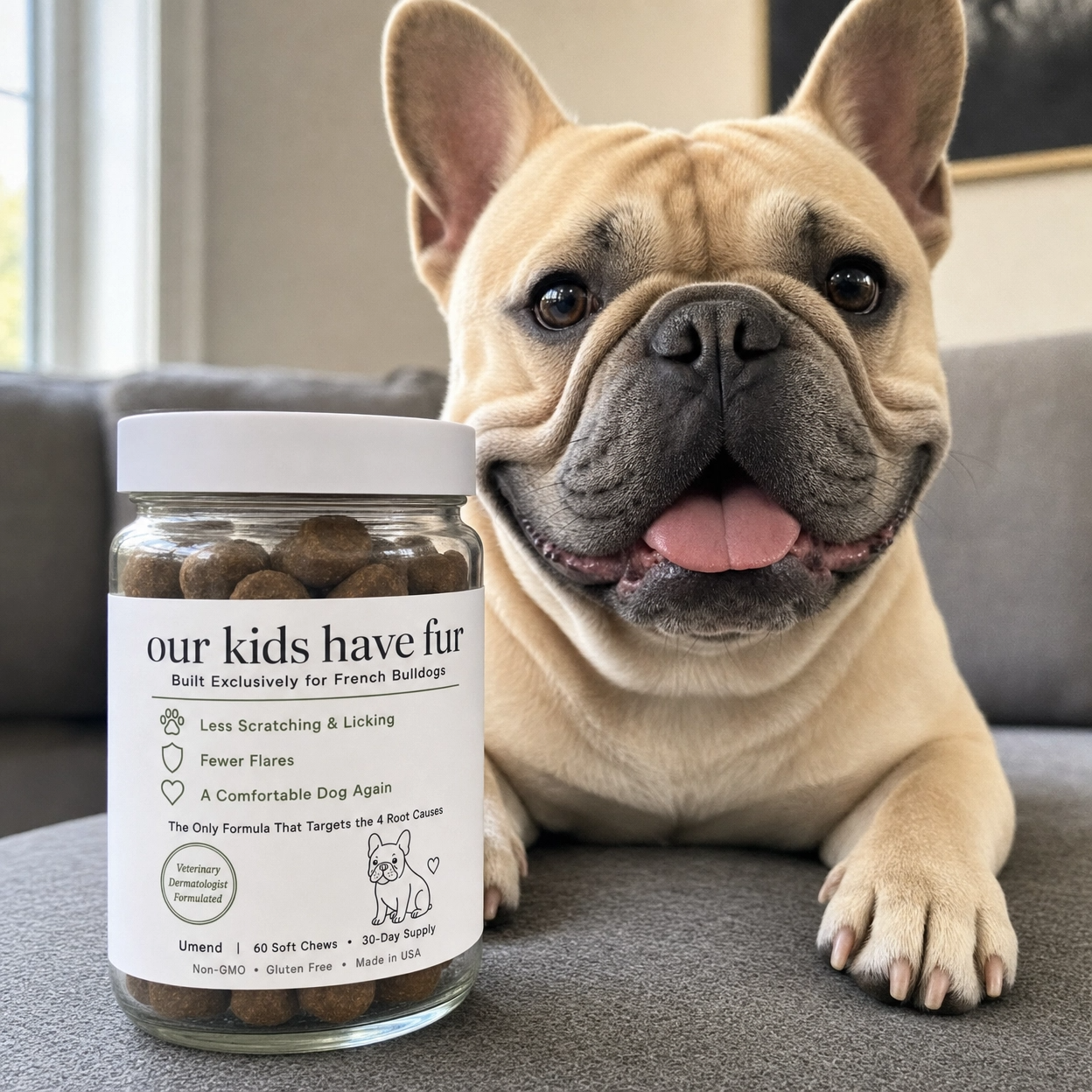 Frenchie close-up with Umend jar