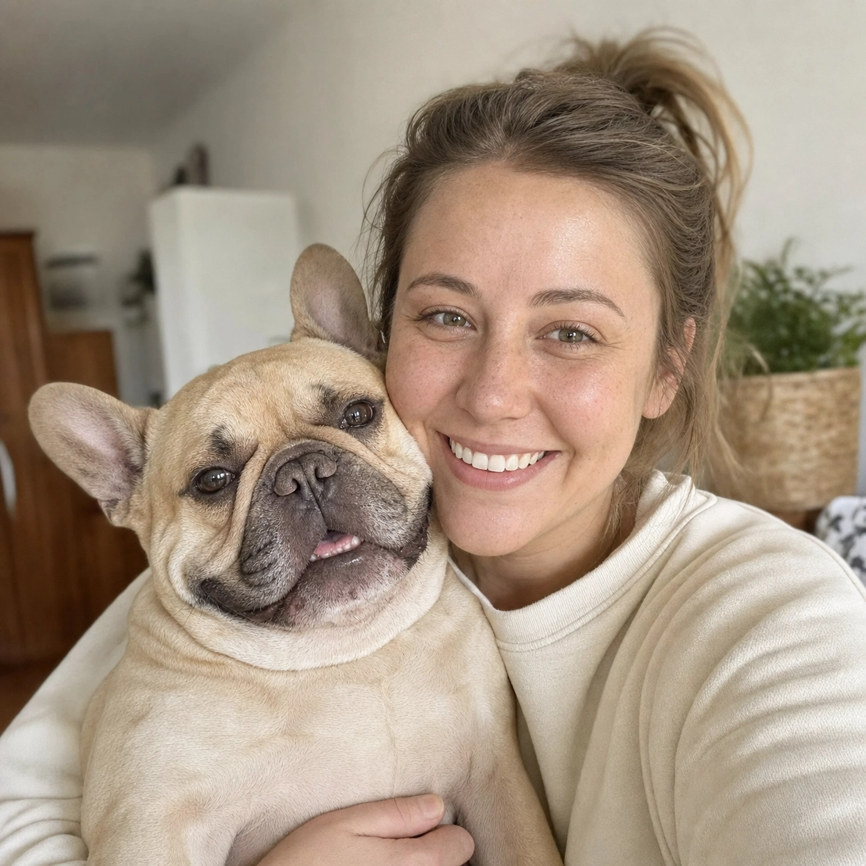 Happy Frenchie owner with Umend