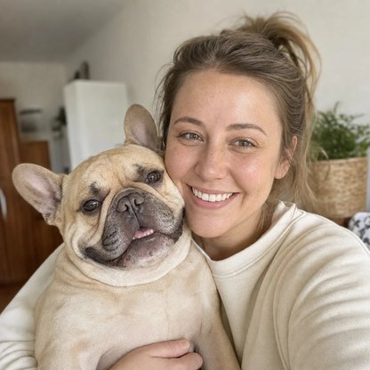 Happy Frenchie owner with Umend